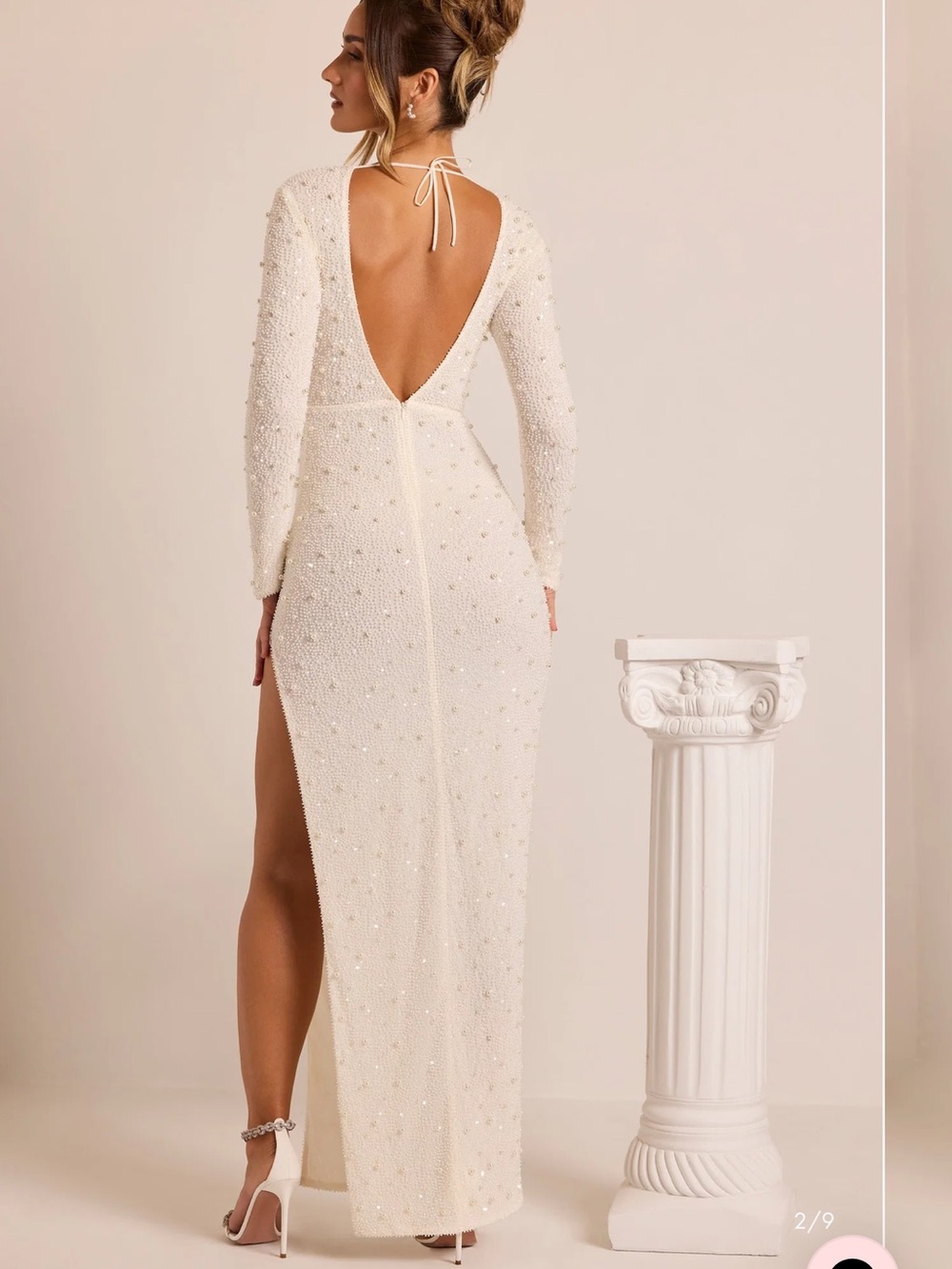 Oh Polly- Customized White Beaded Long-Sleeve Evening Dress
